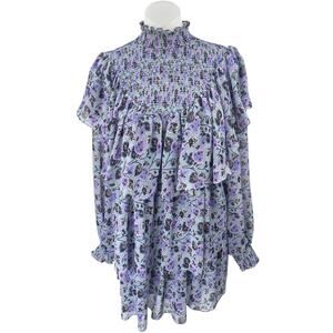 Cinq A Sept Drew Georgette Purple Floral Ruffle Tiered Long Sleeve Mini Dress 10